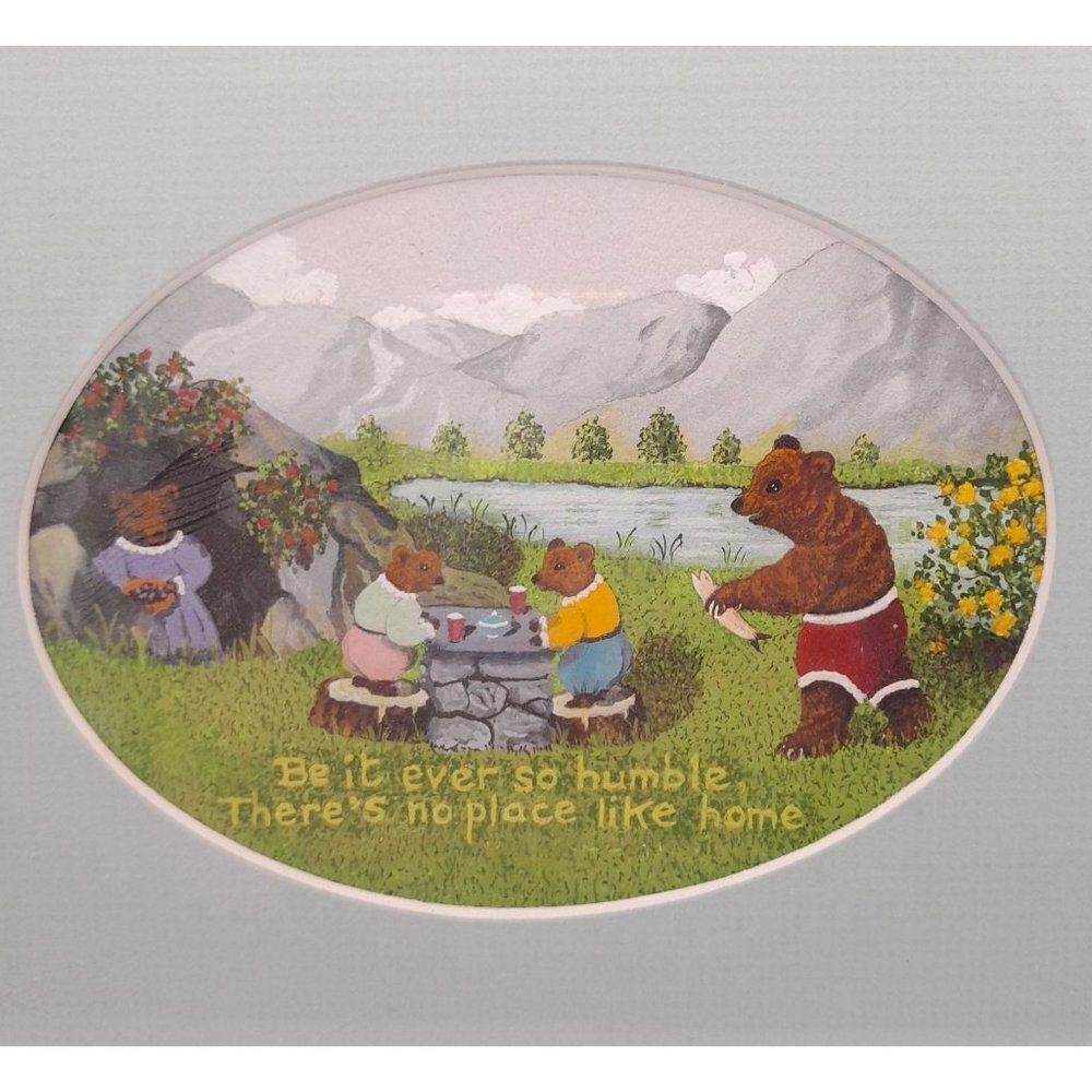 Original Watercolor Painting Bear Family Lunch Mama Papa Children Lake Mountain